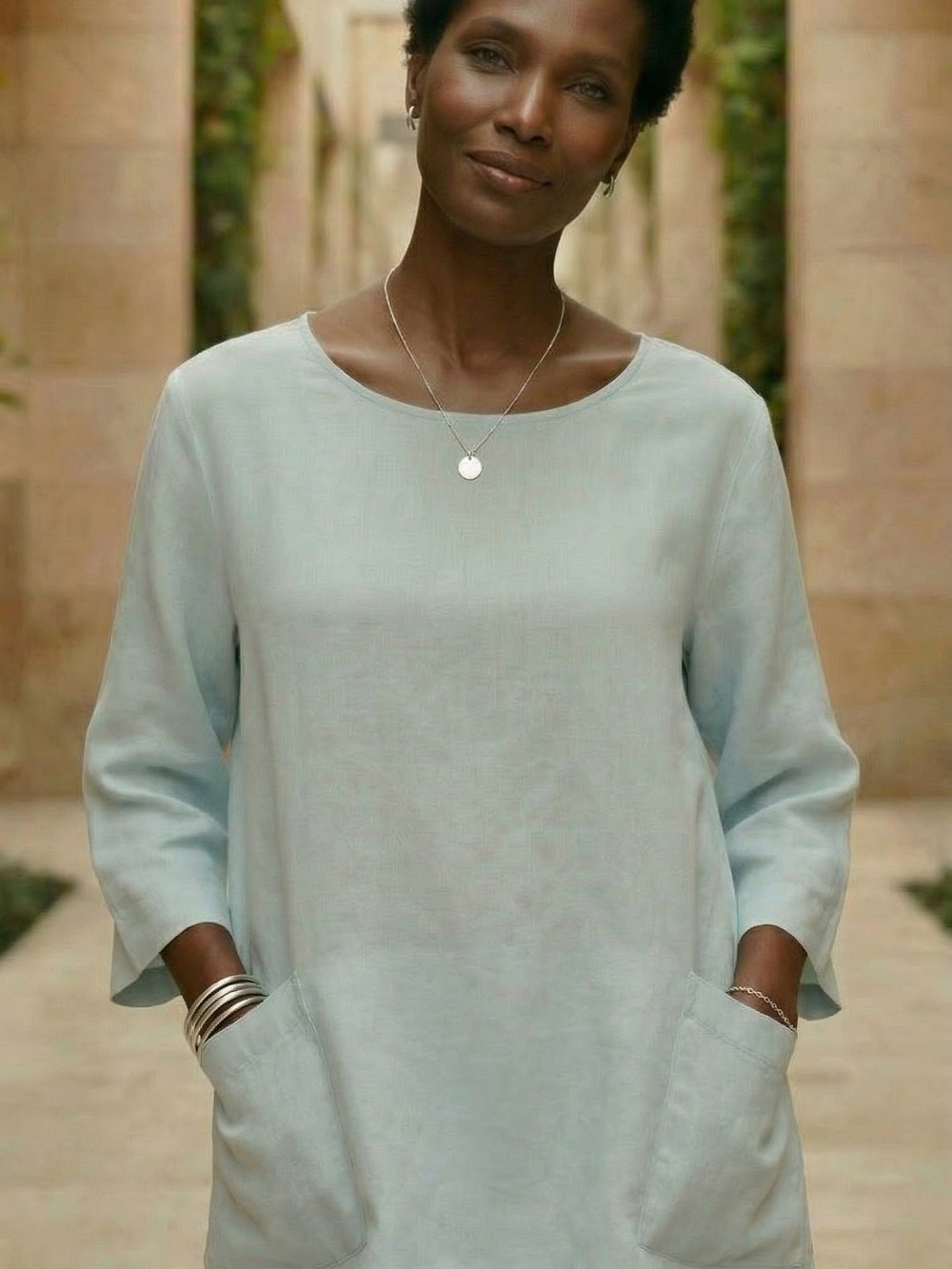 Relaxed Linen Light Blue Women's Pocket Tunic Lagenlook XL Vacation